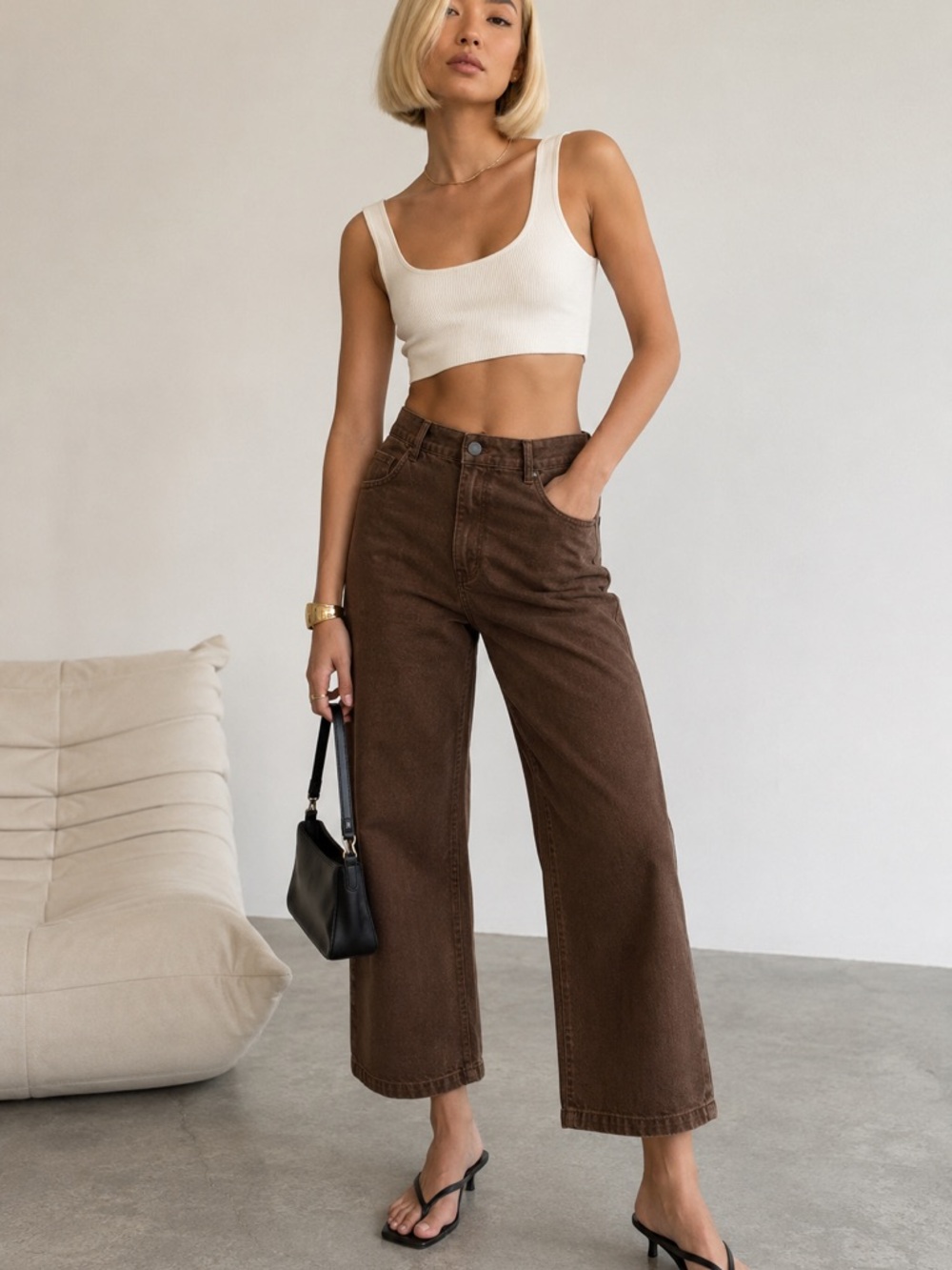 Oak + Fort Chocolate Brown Wide Leg High Rise Crop Pants